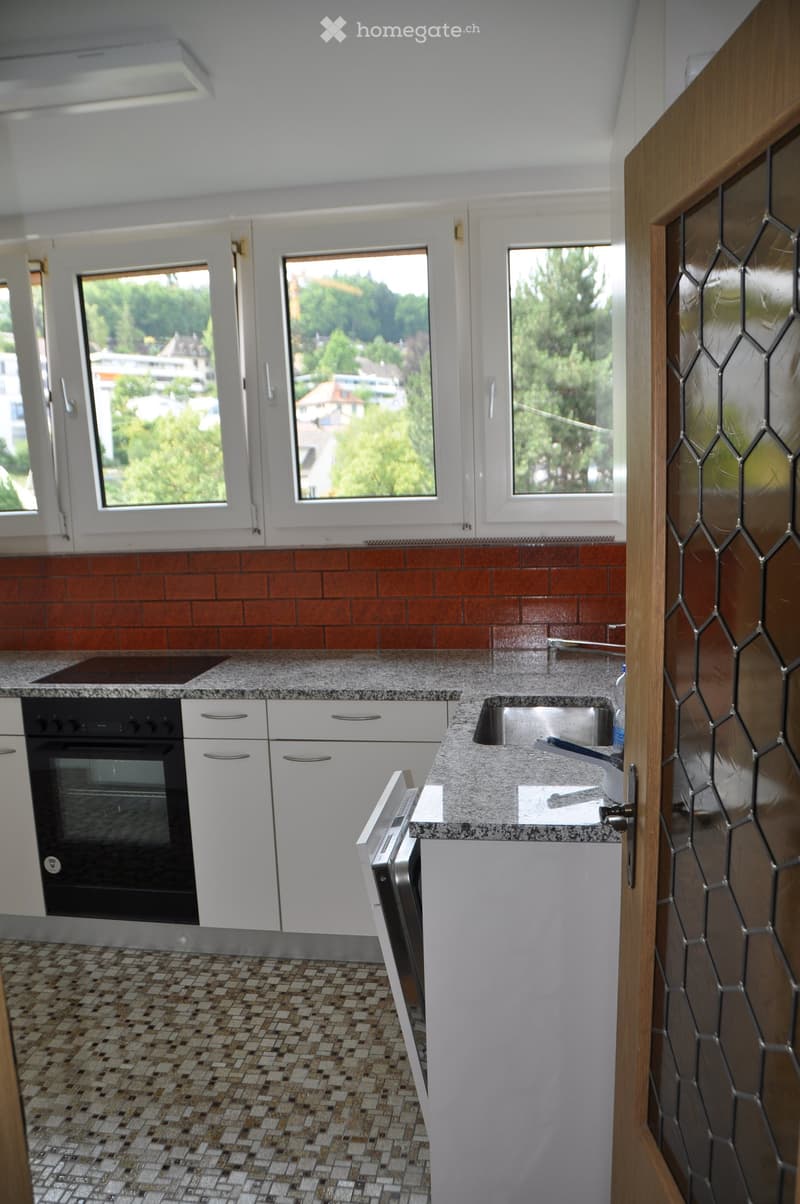 Modern kitchen with white cabinets, granite countertops, and a stainless steel sink. Features an oven and dishwasher, with large windows offering a scenic view.