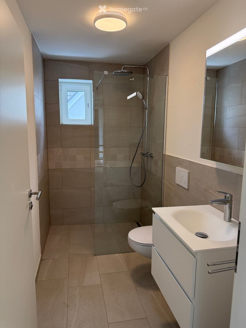 Modern bathroom with beige tiles, a white sink with a chrome faucet, a large mirror, a toilet, and a glass-enclosed shower with a handheld showerhead.