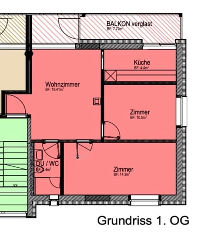 Floor plan of a 1st floor apartment with a living room, kitchen, three bedrooms, a bathroom/WC, and a balcony.