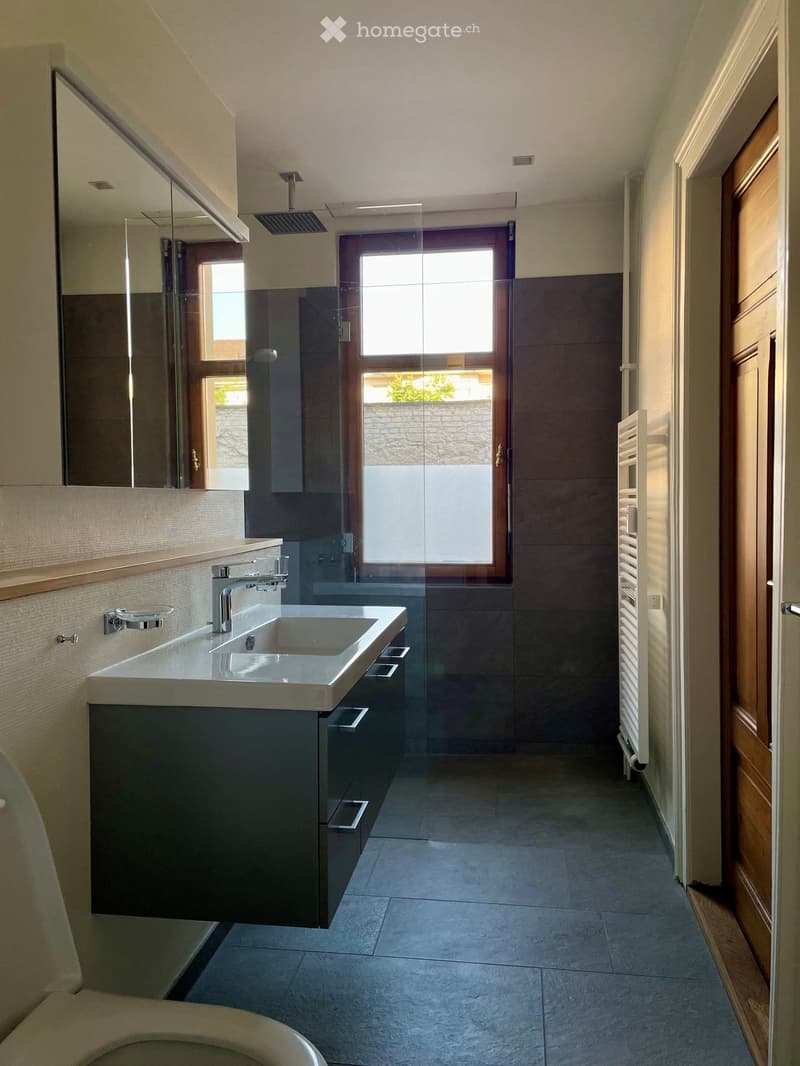Modern bathroom with a double sink, large mirror, dark tiles, and a glass-enclosed shower area with a window.