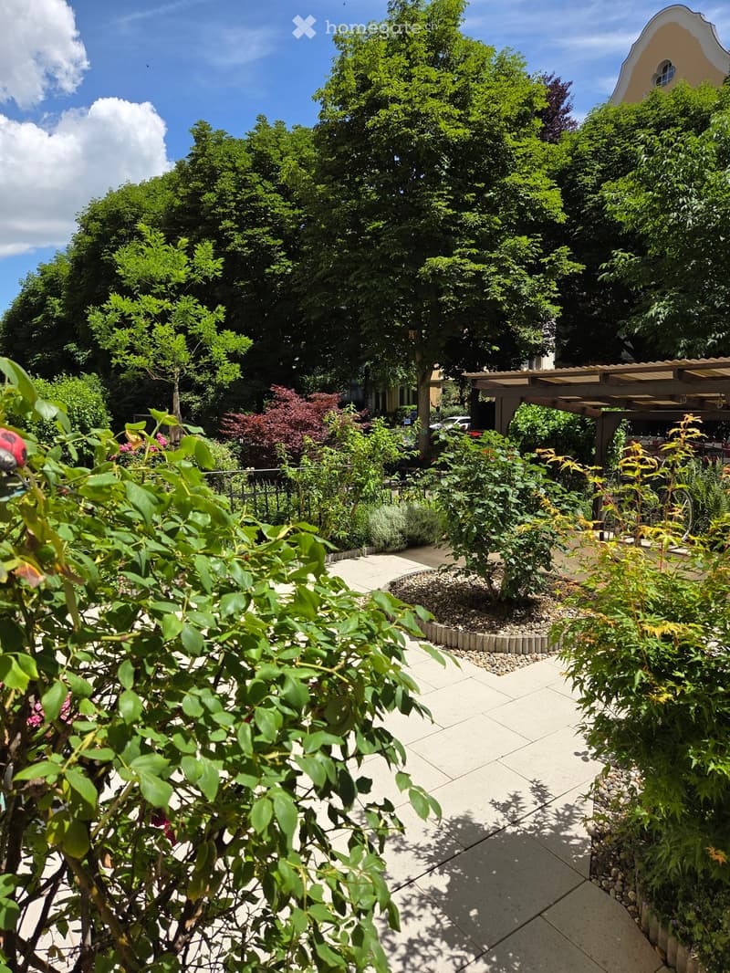 Well-maintained garden with a paved pathway, various plants, trees, and a wooden pergola in the background.