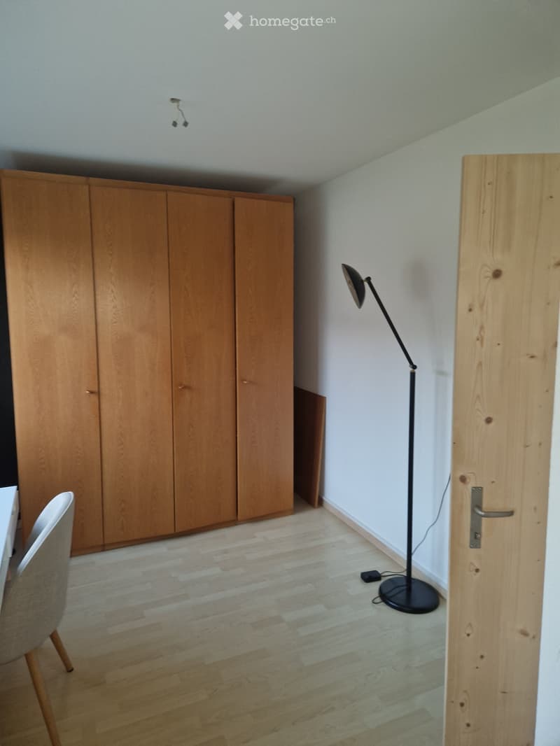 A furnished room with light wooden flooring, a large wooden wardrobe, a single chair, and a floor lamp near the door.
