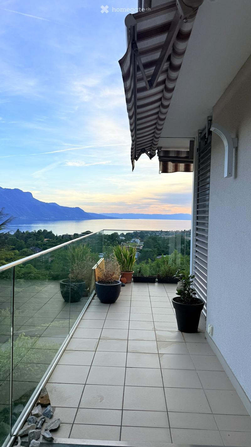 Balcony with tiled floor, glass railing, and scenic mountain and lake view. Several potted plants are placed along the edge.