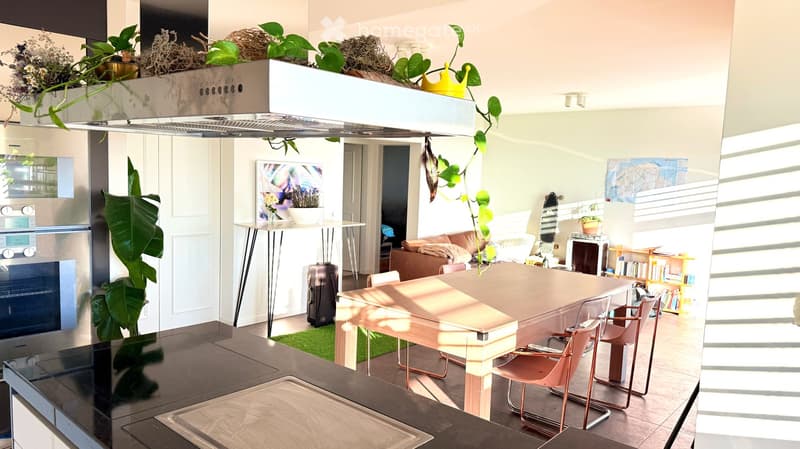 Open-plan living and dining area with modern furniture, including a dining table, chairs, sofa, refrigerator, oven, and decorative plants.