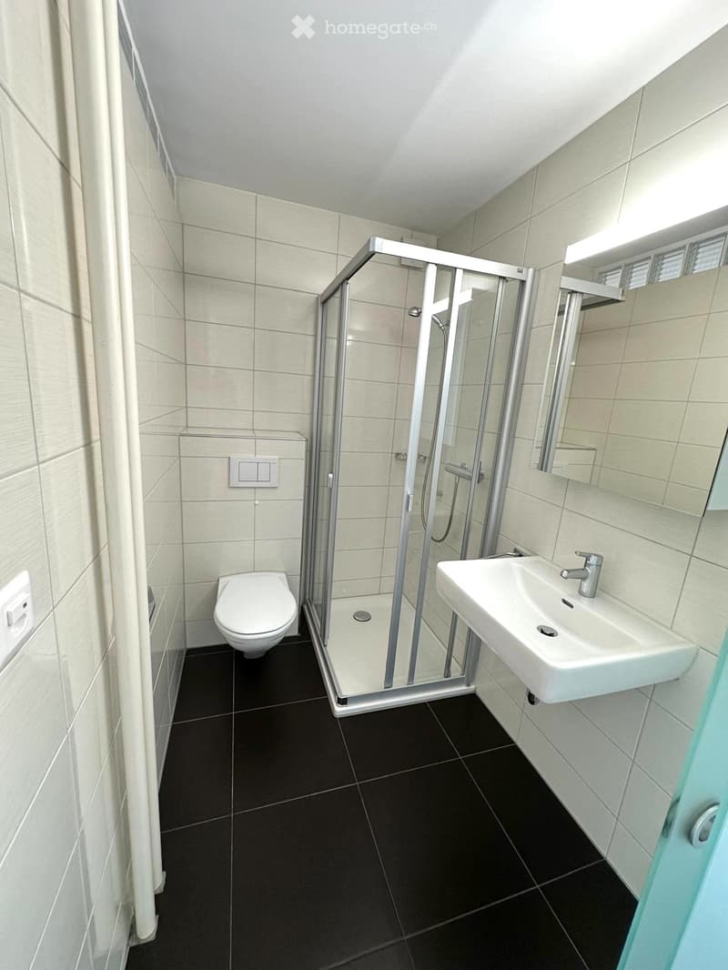 Modern bathroom with white tiles, black floor, toilet, sink, and glass-enclosed shower.