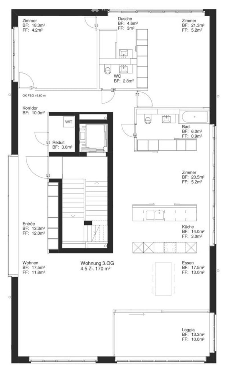 Floor plan of a 4.5-room apartment on the 3rd floor, 170 m², featuring living room, kitchen, dining area, bedrooms, bathrooms, and a loggia.