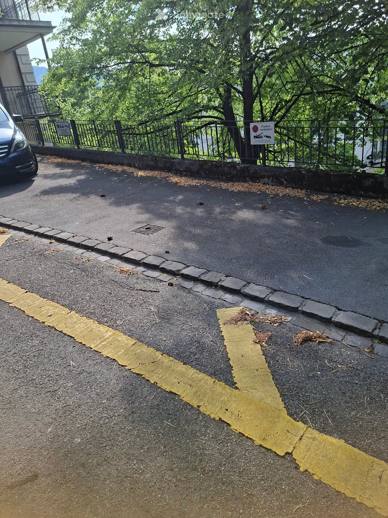 A paved parking area with yellow markings, bordered by a low stone curb and a metal fence, with a tree and a parked car visible in the background.