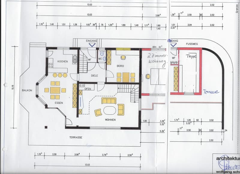 Floor plan showing a multi-room layout including a kitchen, living area, dining area, office, and two-bedroom apartment. Features a balcony and terrace.