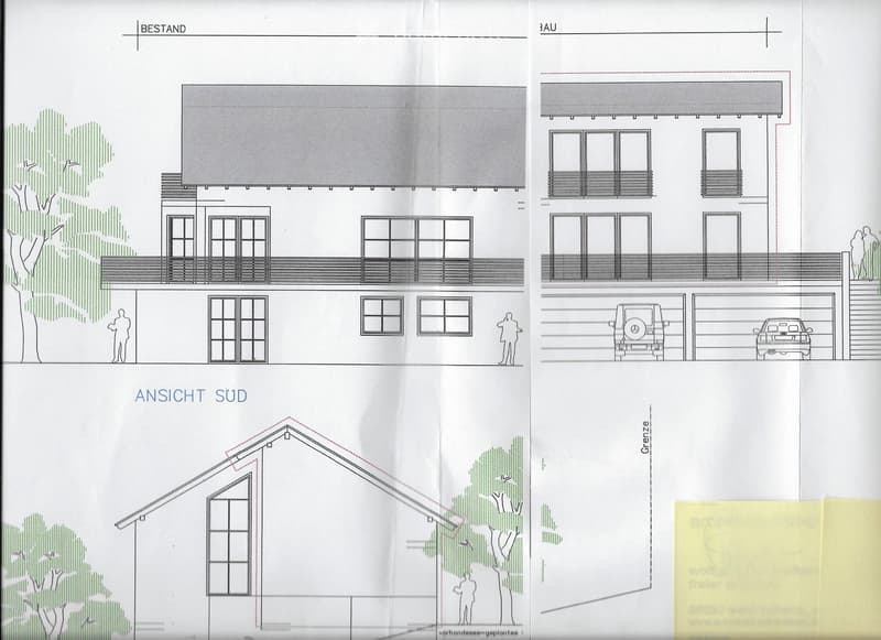 Architectural floor plan showing a multi-story house with a garage, parking area, and multiple windows and balconies.