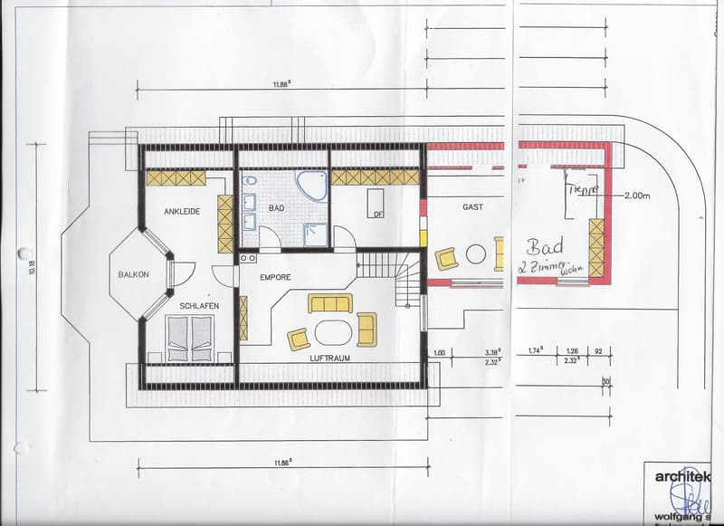 Floor plan showing a layout with a bedroom, bathroom, living area, balcony, and additional spaces labeled in German.