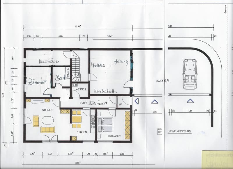 Floor plan of a house with living room, kitchen, bedroom, bathroom, workshop, and garage.