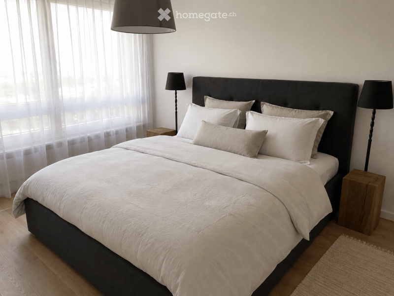 Modern bedroom with a large bed, multiple pillows, and a headboard. Wooden nightstands with lamps on either side, sheer curtains covering the windows, and a hanging pendant light above the bed.