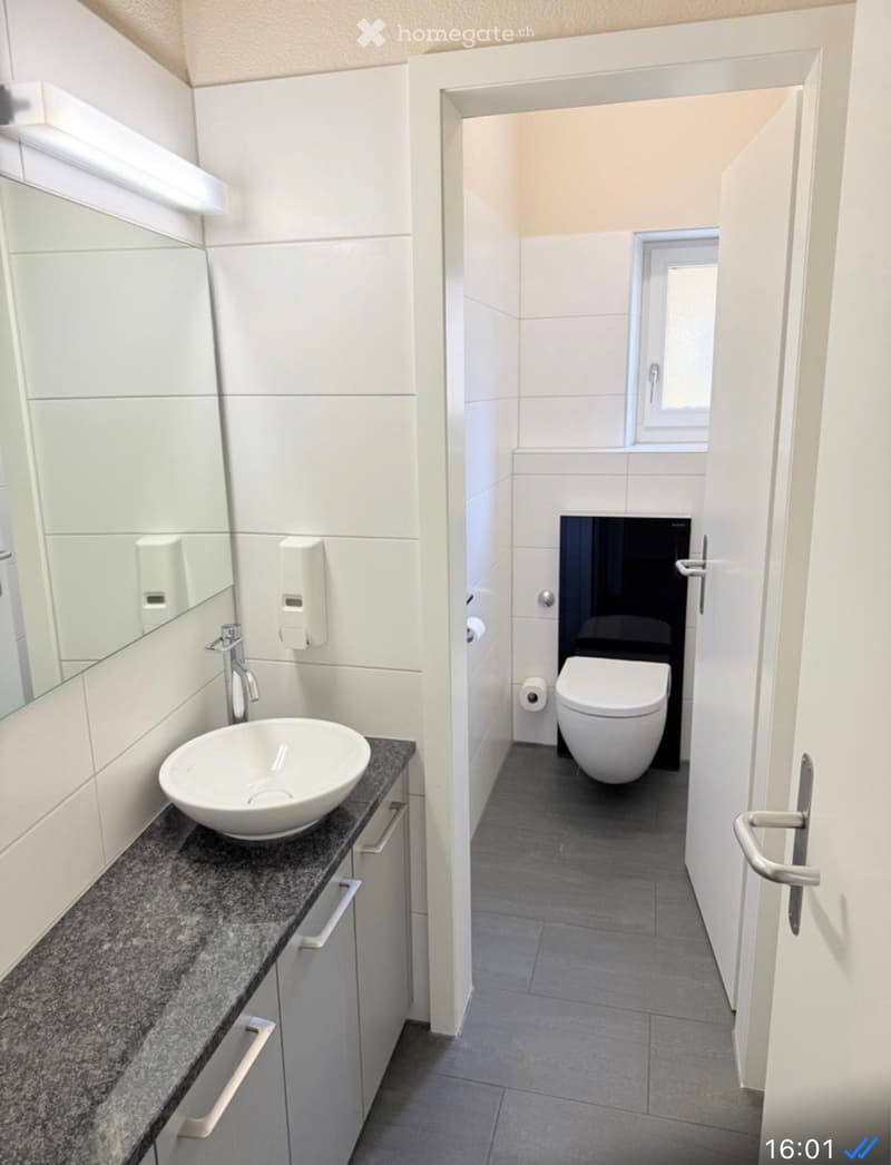 Modern bathroom with a white sink, faucet, mirror, and a toilet in the adjacent space. The sink has a granite countertop and white cabinets.