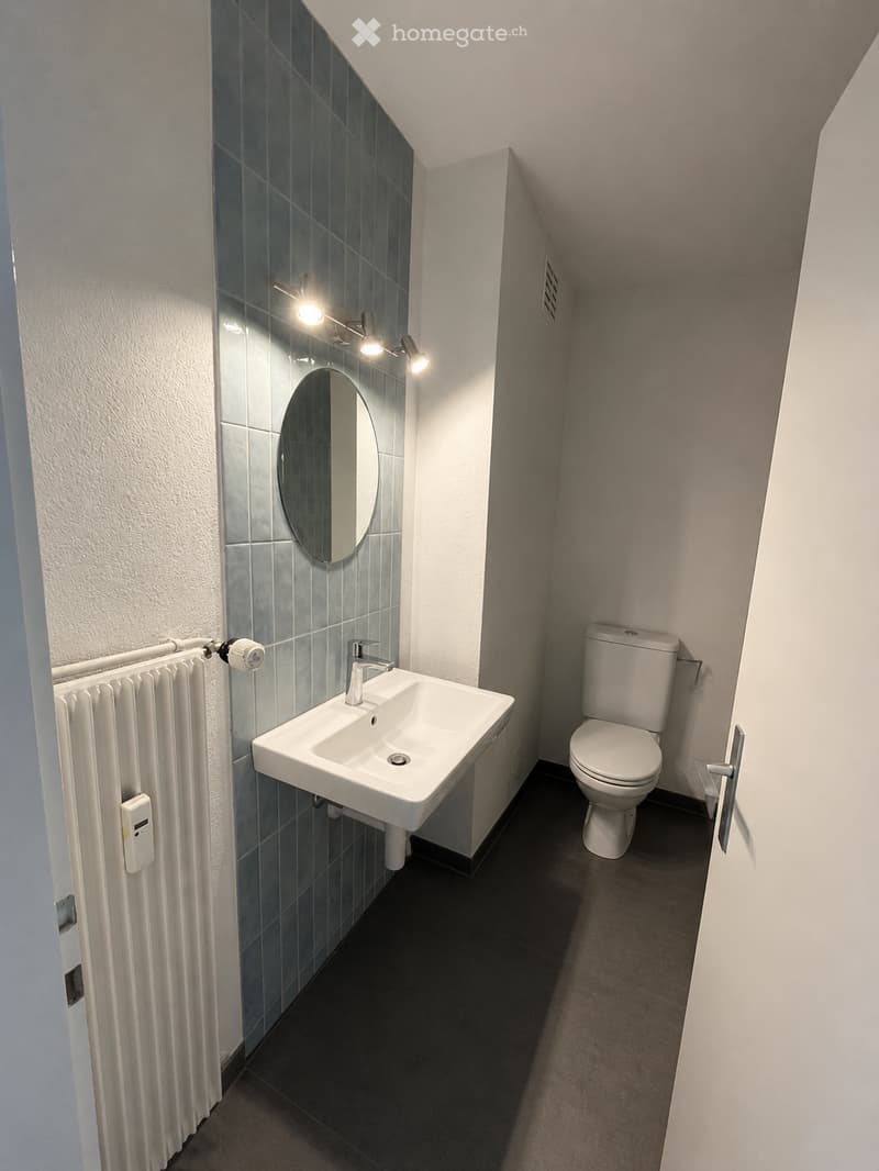 Modern bathroom with a white sink, toilet, and a round mirror mounted on a blue-tiled wall. The room features a radiator on the left side and a sleek, dark floor.