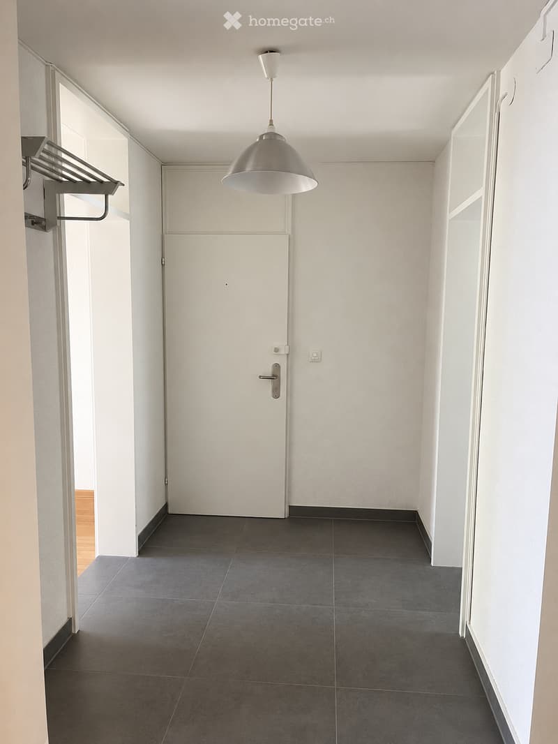Empty hallway with dark grey tiled floor, white walls, a single pendant light fixture, and a closed white door.