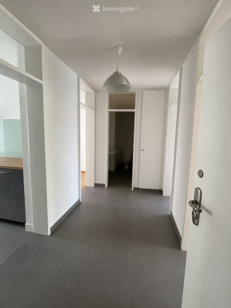 Modern, minimalist hallway with dark grey tiled flooring, white walls, and a single pendant light fixture hanging from the ceiling. A partially visible bathroom is seen at the end of the corridor.