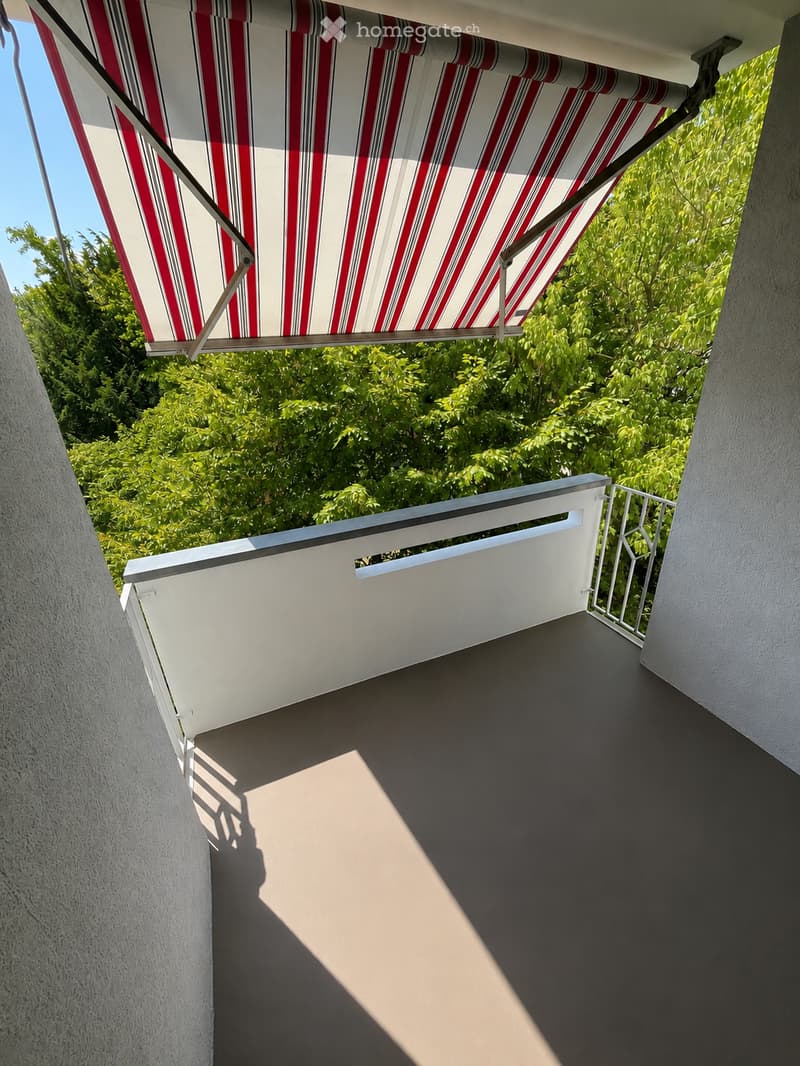 Balcony with a retractable awning, white railing, and lush green foliage in the background.