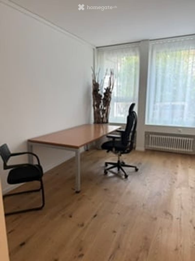 Bright office space with wooden flooring, large windows, a desk, and two chairs.