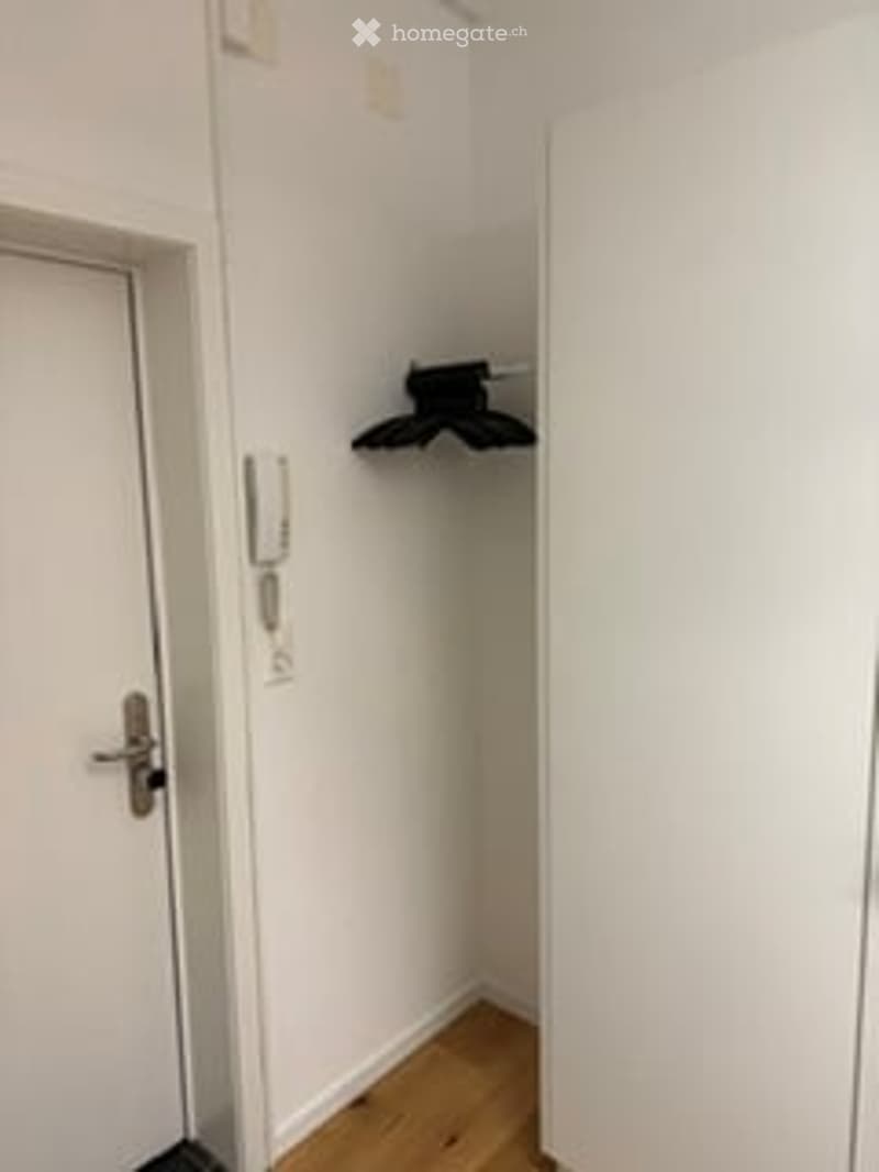 Empty closet with white walls, wooden floor, and a single coat hanger on the wall.