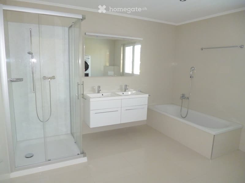 Modern bathroom with a bathtub, double sink, large mirror, and glass-enclosed shower stall.