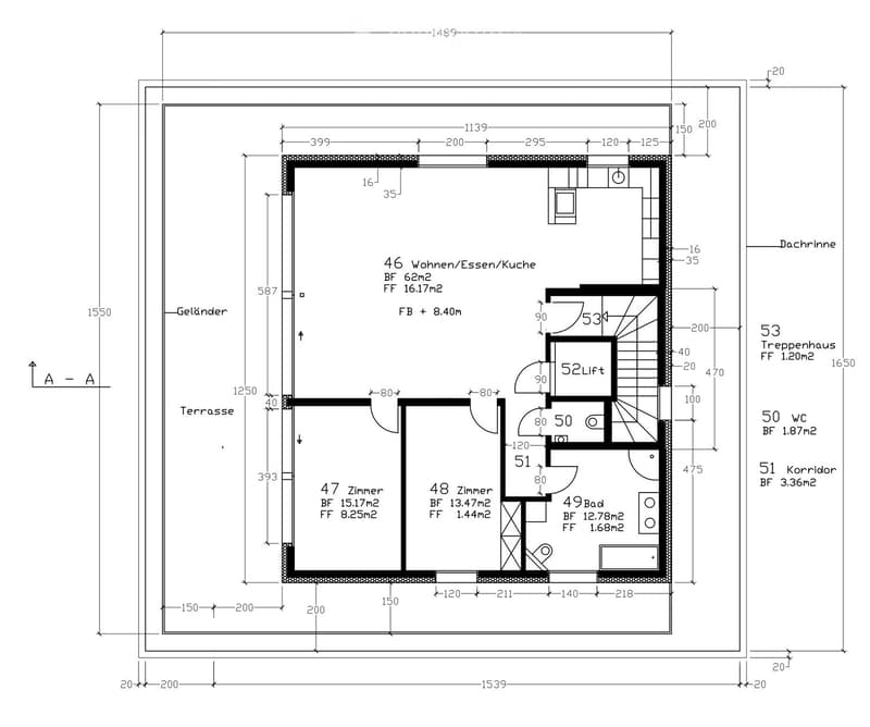 Floor plan showing a living/dining/kitchen area, two bedrooms, a bathroom, a hallway, a staircase, and a terrace.