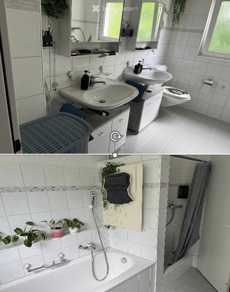 The image shows a bathroom with a double sink, toilet, bathtub, and shower area. The space features white tiled walls and floors, a large mirror above the sink, and potted plants adding a touch of greenery. The top half shows the original state, while the