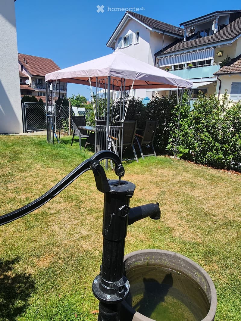 Garden with a black water pump, a table and chairs under an umbrella, surrounded by greenery and neighboring houses.