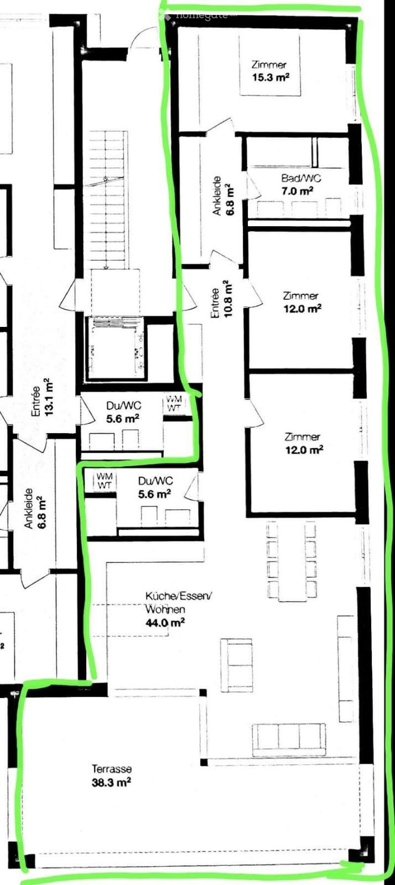 Floor plan showing a multi-room layout including a kitchen/dining/living area, three bedrooms, two bathrooms, and a terrace.