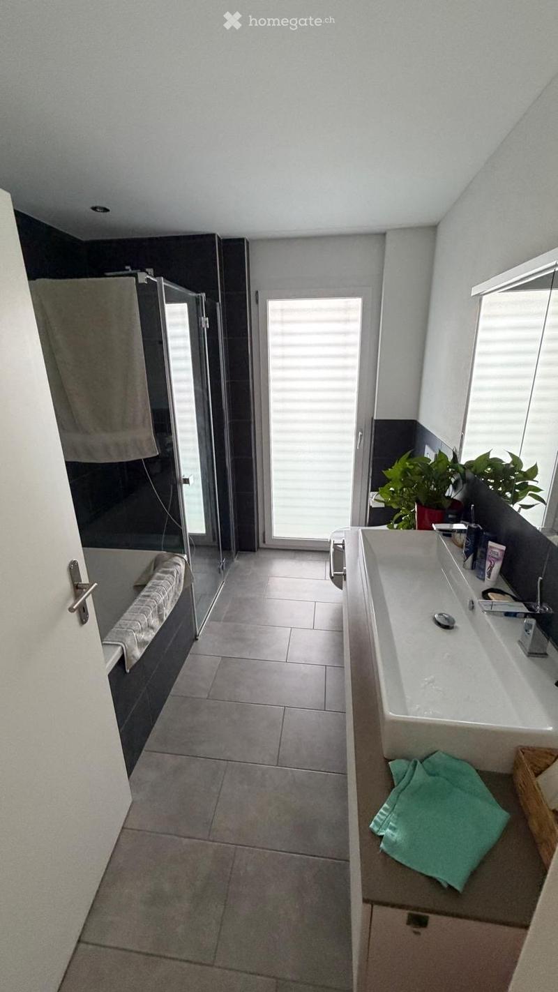 Modern bathroom with a large sink, bathtub, and glass-enclosed shower. Features tiled floors, a window with blinds, and decorative plants on the counter.