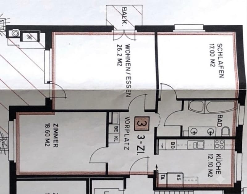 Layout of a 3-room apartment with a living/dining area, bedroom, kitchen, bathroom, and balcony.