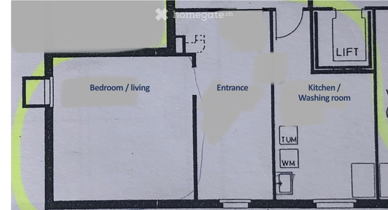 Floor plan showing a bedroom/living area, entrance, kitchen/washing room, and a lift.