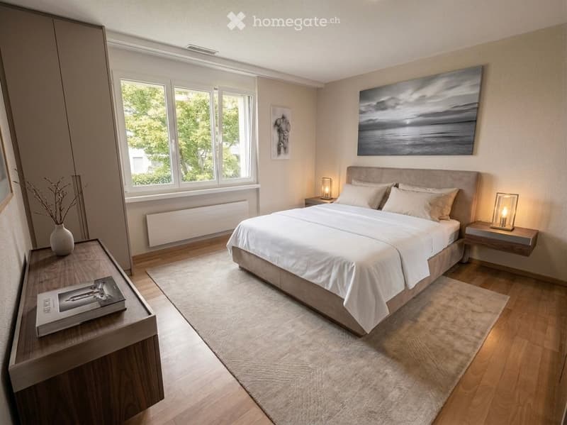 Modern bedroom with a large bed, nightstands, table lamps, a vase with branches, books, and artwork on the walls.