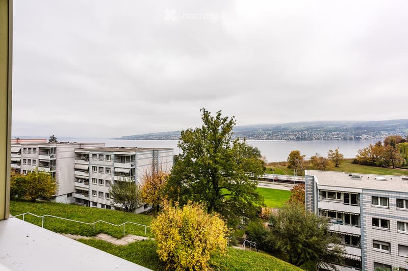 View from a balcony showing a multi-story residential building complex surrounded by greenery, with a body of water and distant hills in the background.