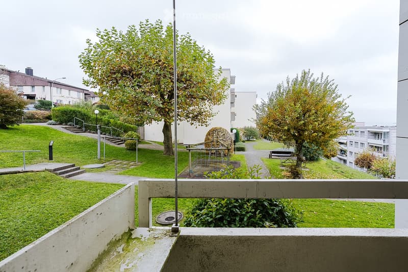 Balcony overlooking a green park area with trees, pathways, and residential buildings in the background.
