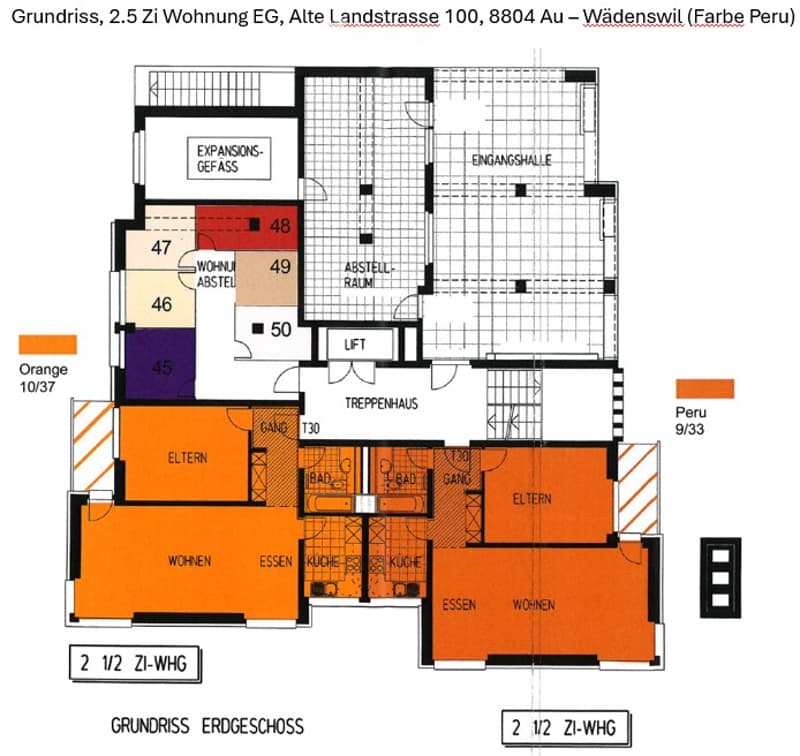 Floor plan of a 2.5-room apartment on the ground floor, including living room, dining area, kitchen, bedroom, bathroom, hallway, and expansion space.