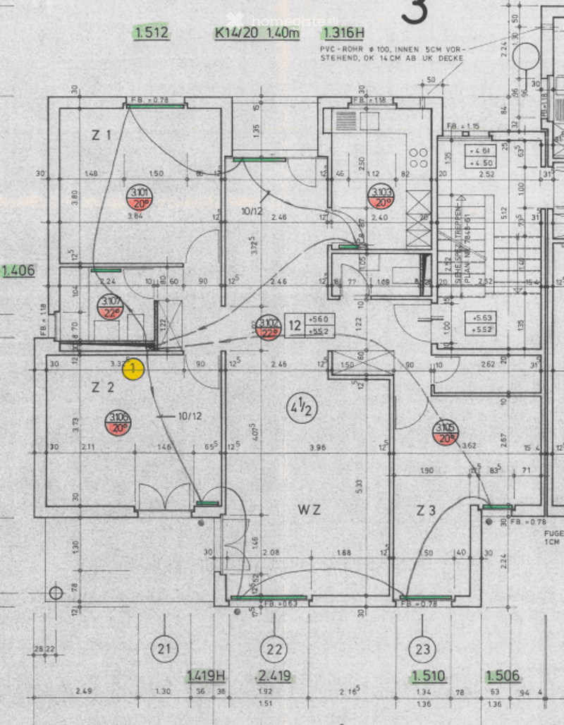 Floor plan of a residential building showing multiple rooms, labeled Z1, Z2, Z3, and WZ, with dimensions and room numbers indicated.