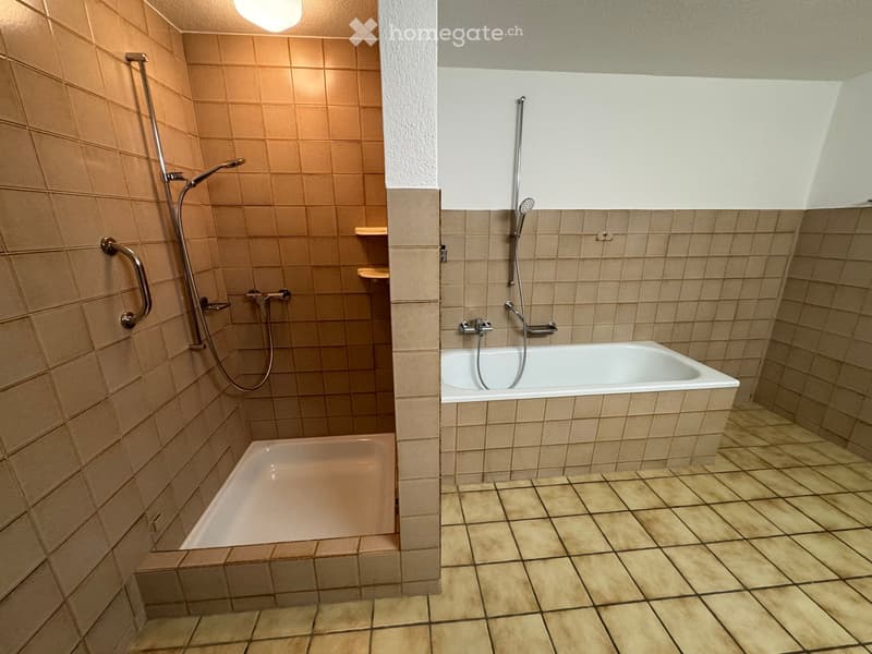 Bathroom with two bathtubs, one with a showerhead, and a handrail for accessibility.