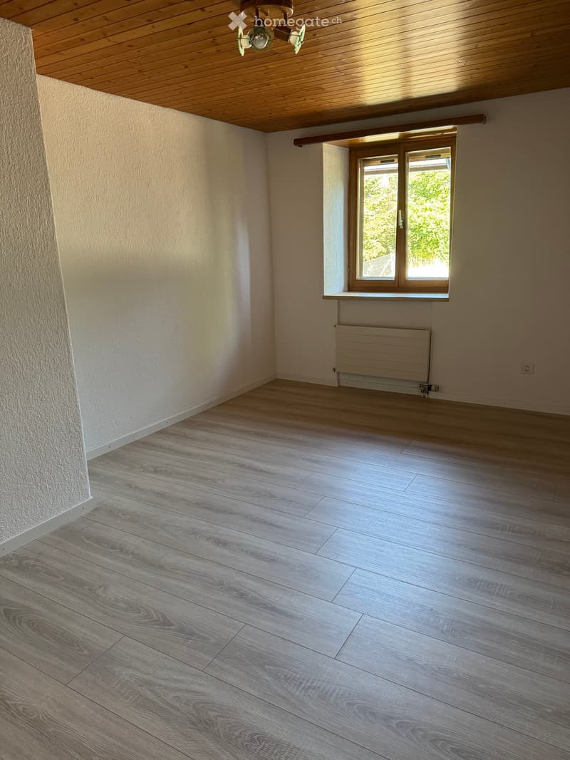 Empty room with wooden flooring, white walls, a window with wooden frame, and a radiator below the window.