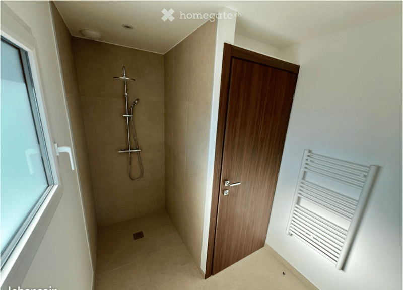 Modern bathroom with a shower area, a wooden door, a white radiator, and a window with frosted glass.