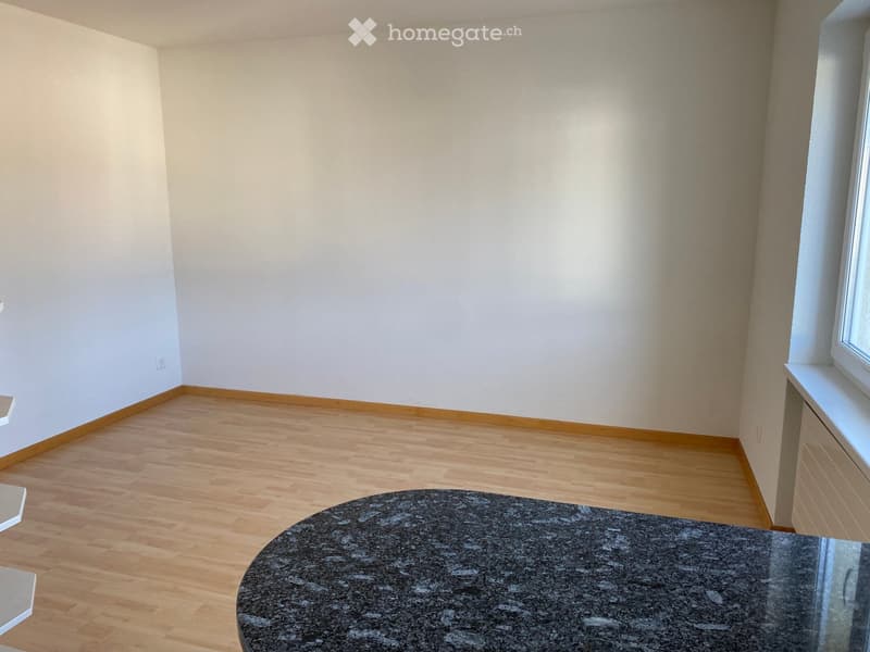 Empty room with wooden floor, white walls, large window with white frames, granite countertop