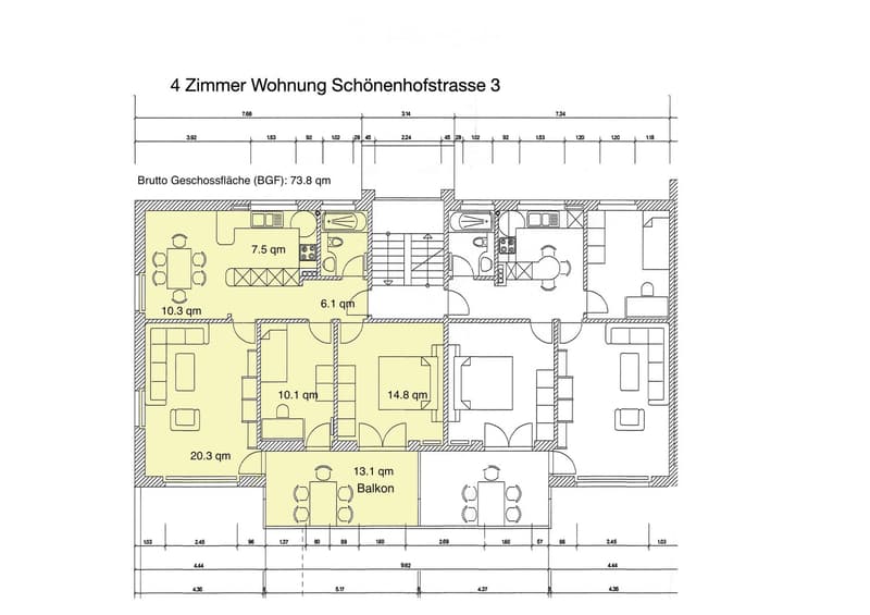 living room, kitchen, 2 bedrooms, 2 bathrooms, balcony