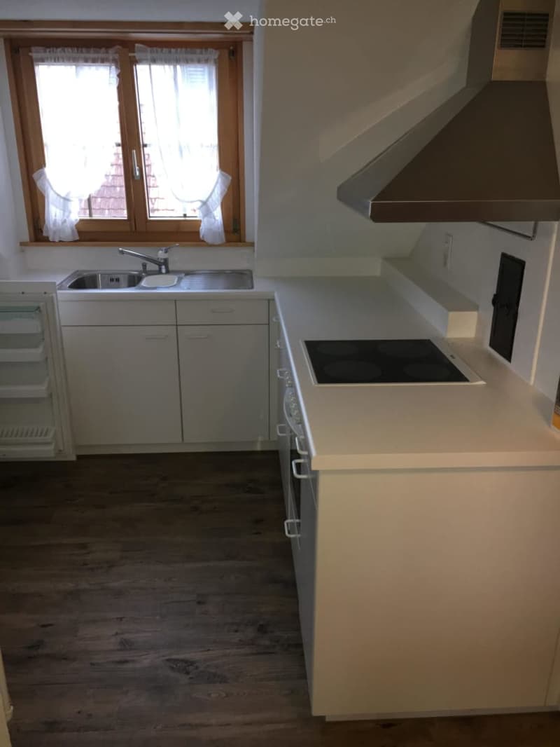 Modern kitchen with white cabinets, stainless steel appliances, and a wooden floor. Features a sink, stove, and refrigerator.