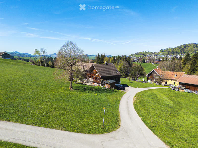 A rural landscape with a large, traditional wooden house, surrounded by green fields, trees, and a winding road. The house has a dark roof and wooden balconies, with additional smaller structures nearby. The area is lush and well-maintained, with a clear