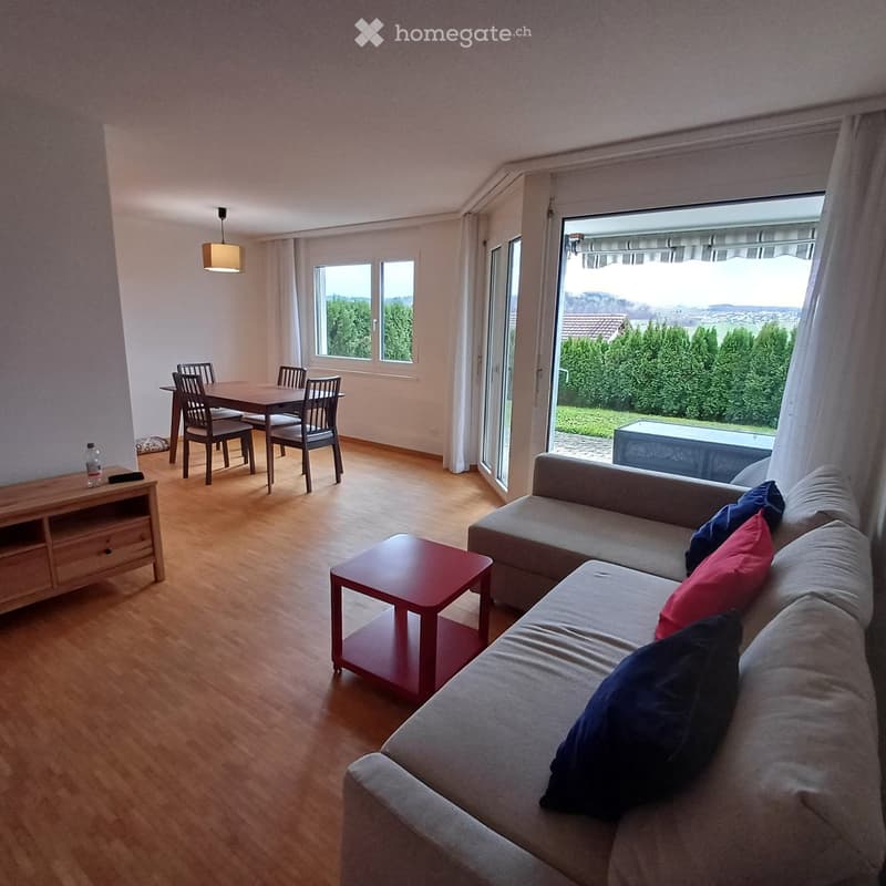 Furnished Room. Bright living and dining area with wooden flooring, large windows, and a view of greenery. Features a grey sofa with colorful pillows, a red coffee table, a dining table with four chairs, and a TV stand with a bottle on top.