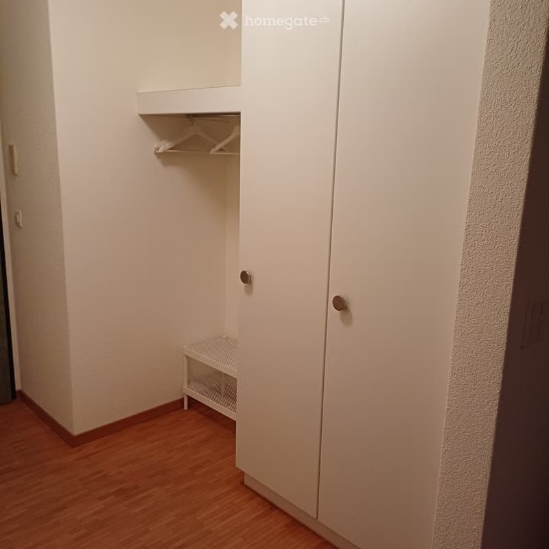 Unfurnished Room. Empty closet with white wooden doors, a small shelf, and a wooden floor.
