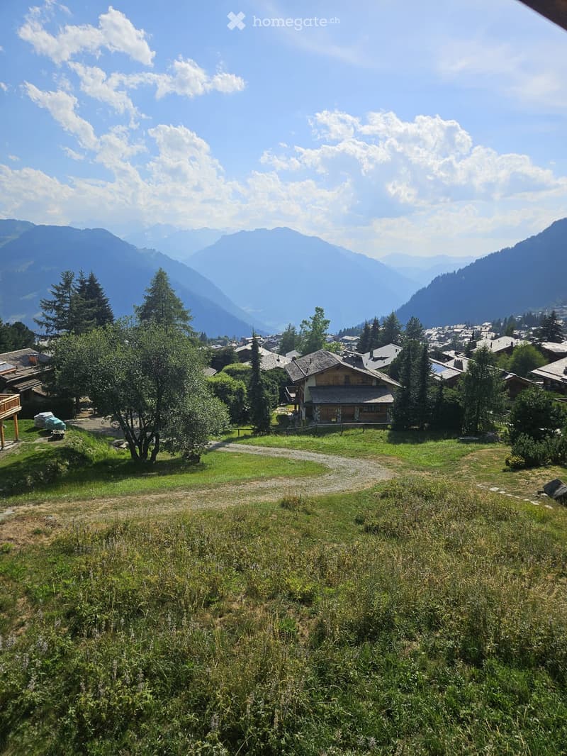 A scenic view of a village nestled in a valley with mountains in the background, featuring houses, trees, and a grassy field.
