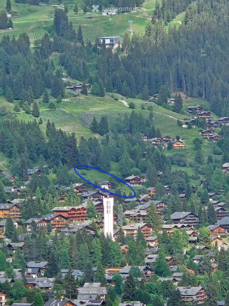 Aerial view of a village nestled in a lush, green valley surrounded by dense forests and rolling hills. The village features numerous houses with varied architectural styles, including wooden chalets and modern structures, interspersed with trees and path