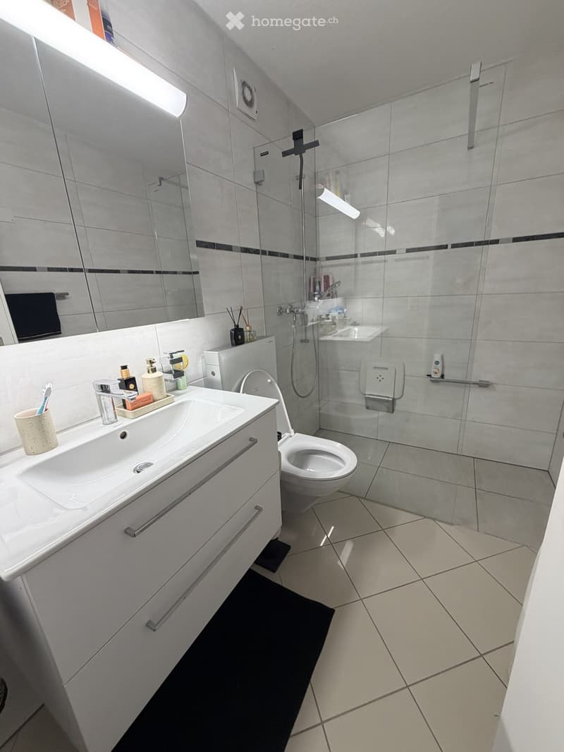 Modern bathroom with a white sink, toilet, shower, and mirror. The sink has a modern faucet and a cup on the counter. The shower has a glass enclosure and a built-in seat. The floor is tiled, and the walls are tiled with a dark accent strip.