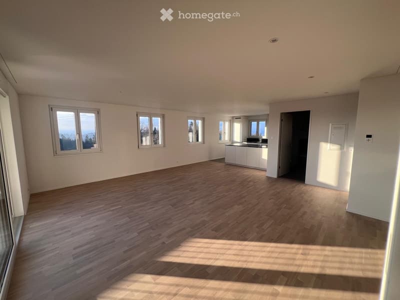 Empty room with wooden flooring, white walls, and multiple windows allowing natural light. A small kitchen area is visible in the background.