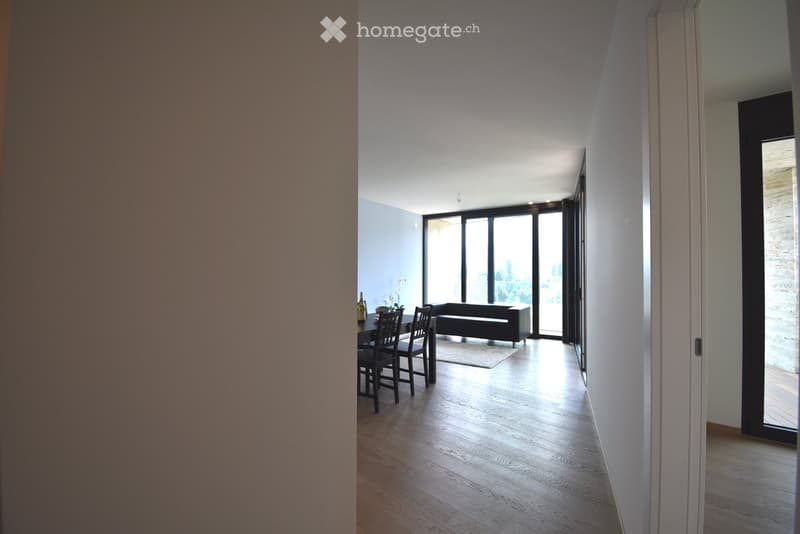 Modern open-plan living and dining area with light wood flooring, large glass doors leading to a balcony, a black sofa, a dining table with chairs, and a small decorative plant on the table.